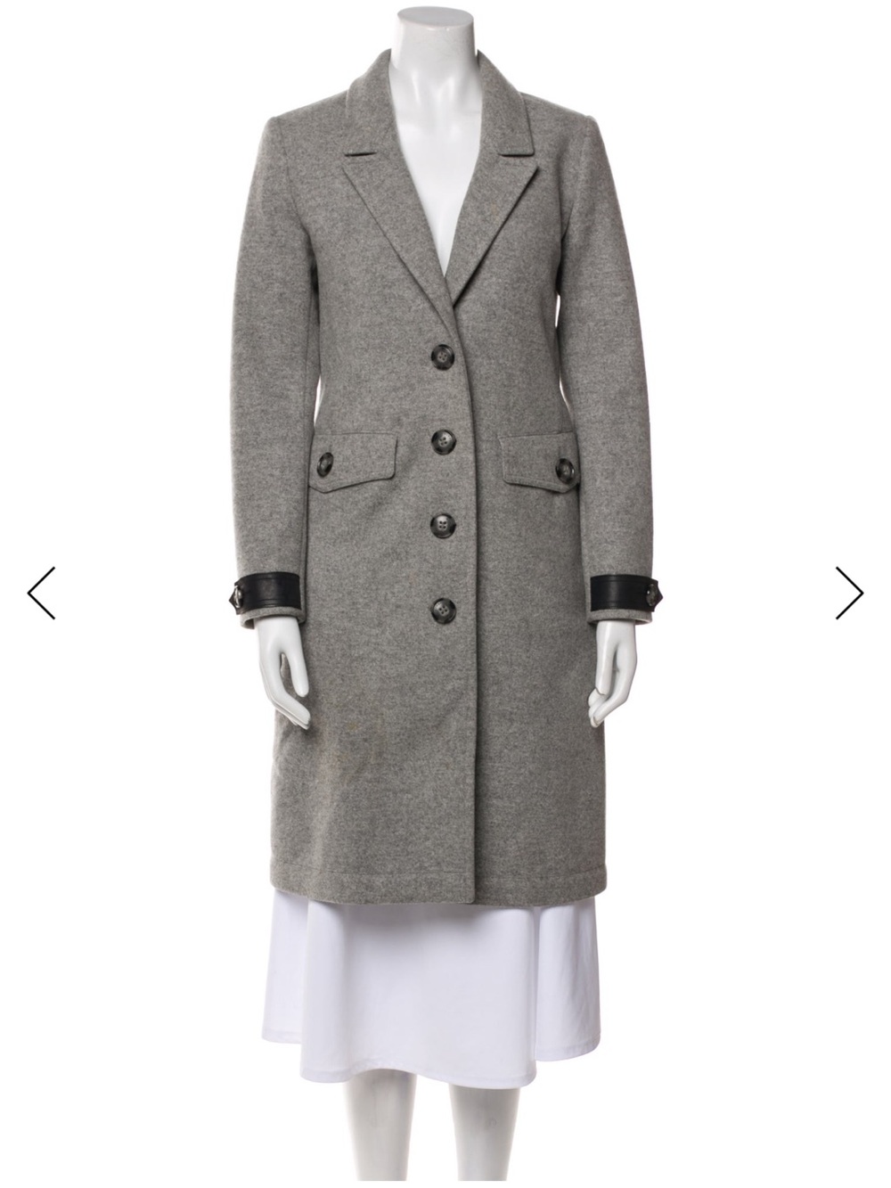 Burberry Gray Wool Longline Button Coat with Leather Cuff Trim trench USA 6